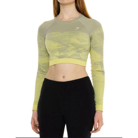 NEW GymShark Adapt Ombre Green Fleck Long Sleeve Seamless Crop Top Sz S - Picture 1 of 6